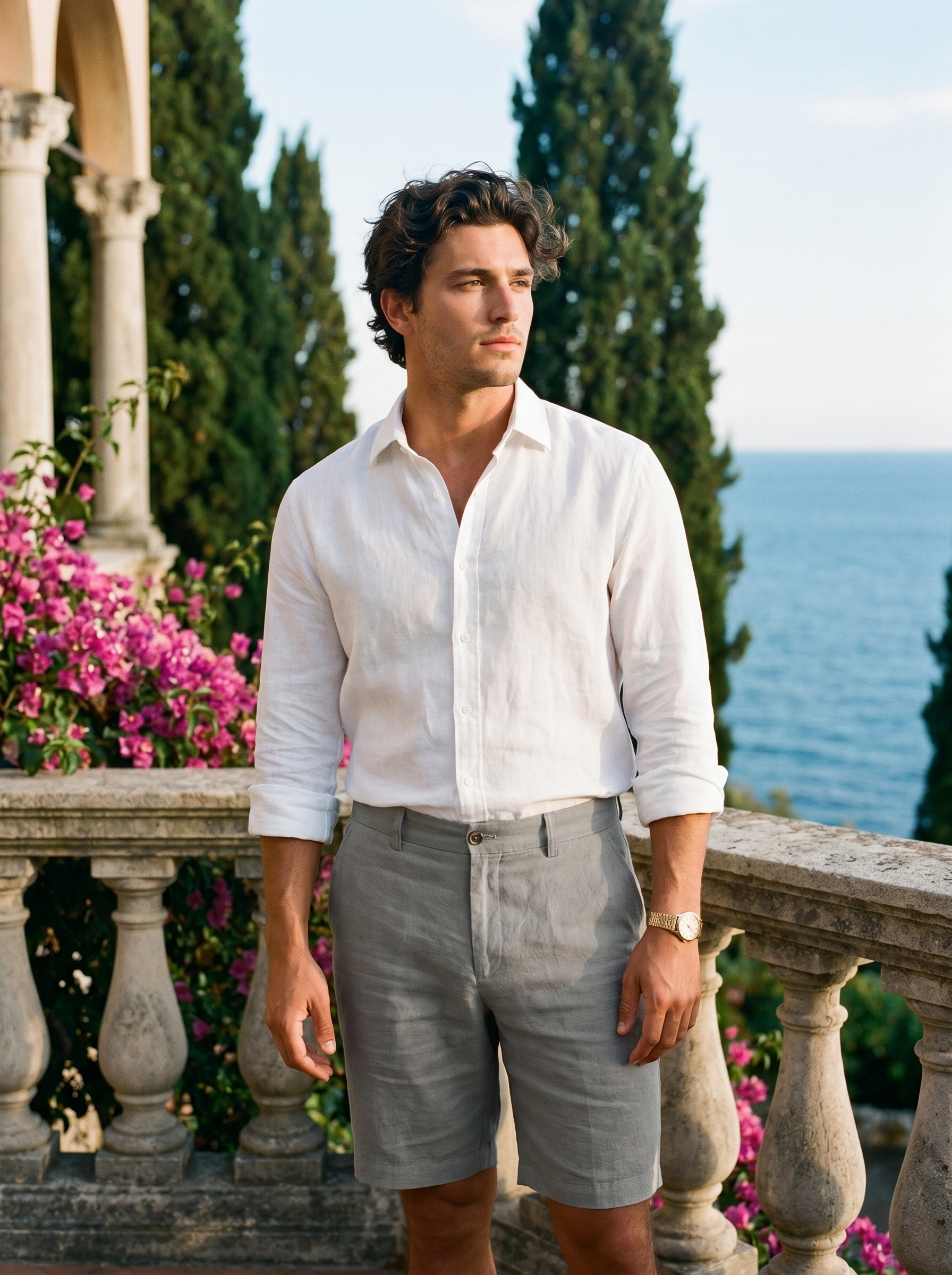 Men's gray linen shorts above the knee with button waistband — Aveloire Théodore