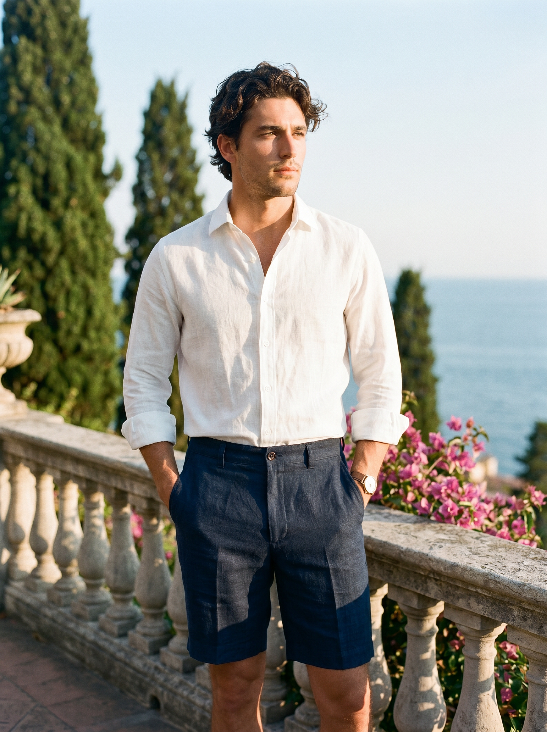 Men's midnight navy linen shorts above the knee with button waistband — Aveloire Théodore