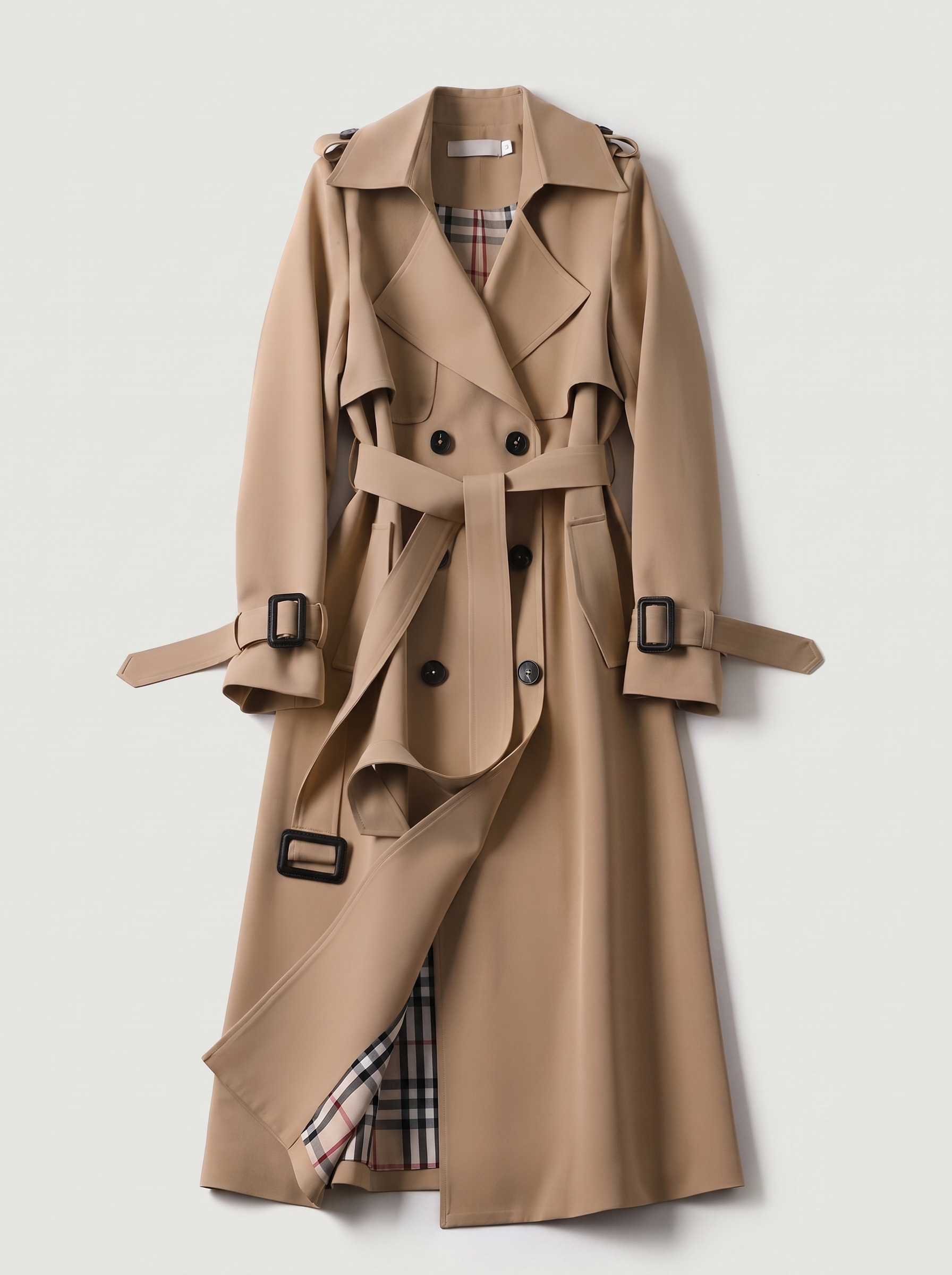 Beige double-breasted belted trench coat flat lay product photo — Carmina by Aveloire