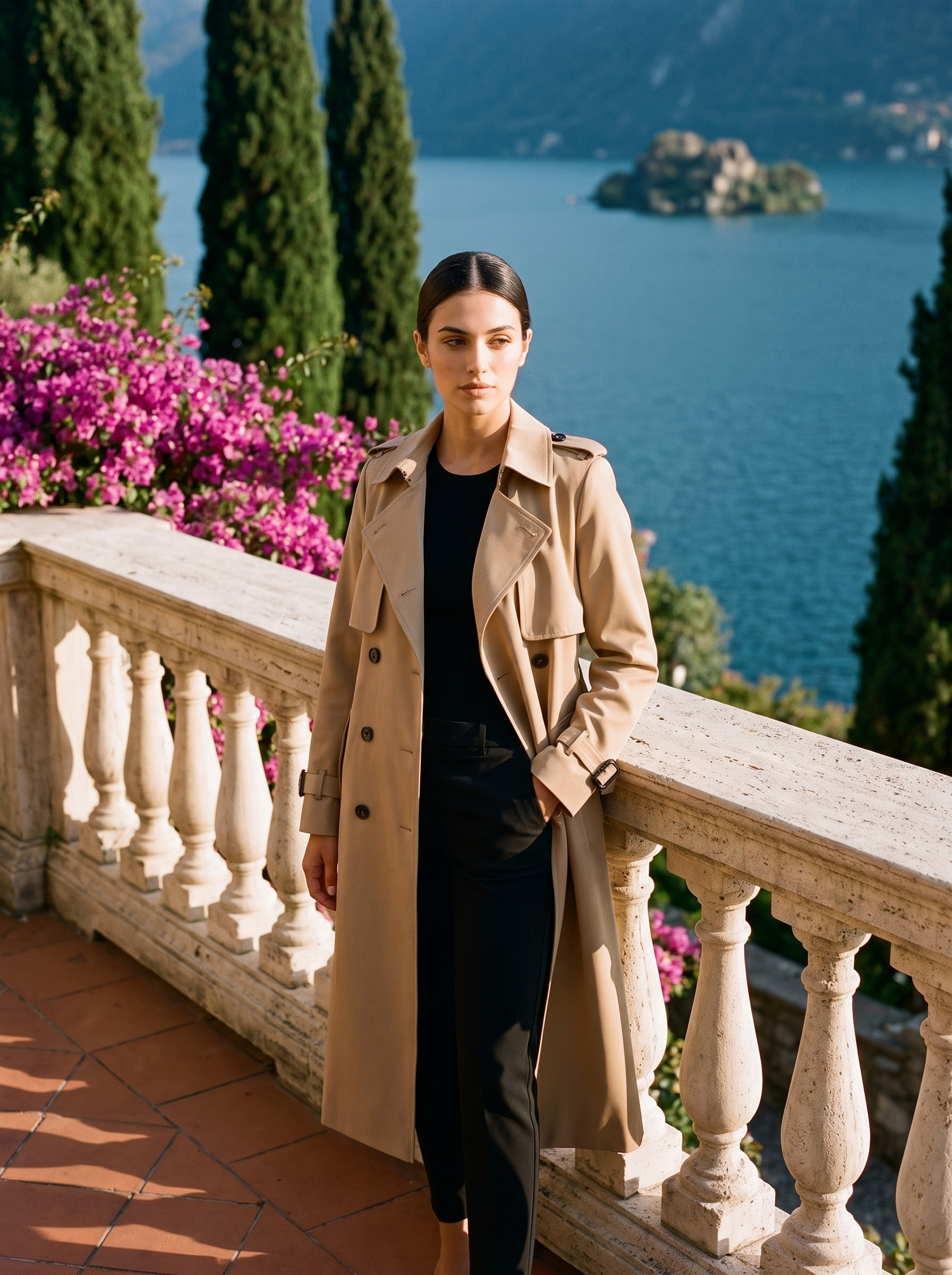 Full-length front view of a beige belted trench coat on a Lake Como terrace — Aveloire
