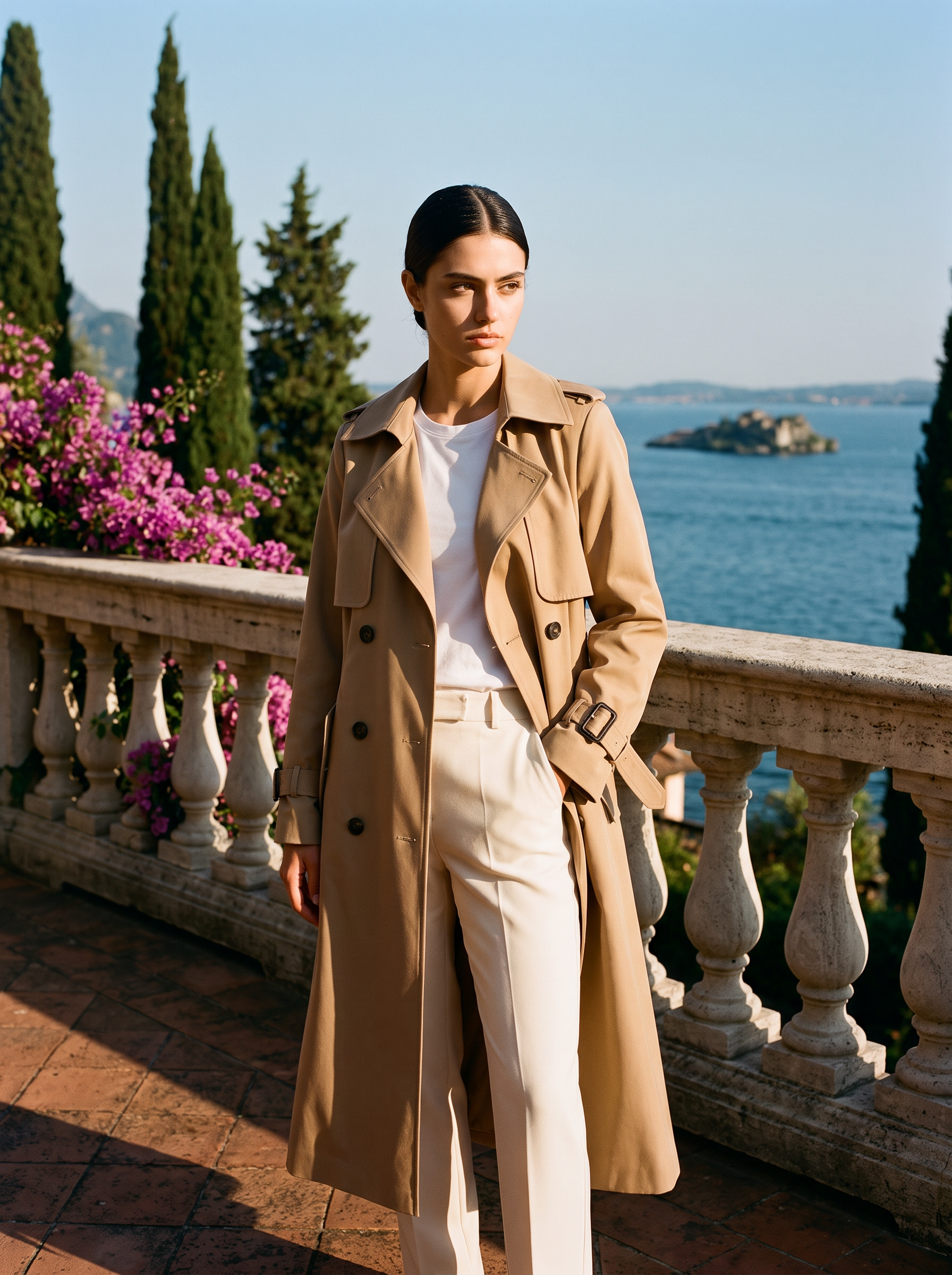 Woman in a beige trench coat, full-length front view on a Lake Como terrace — Aveloire