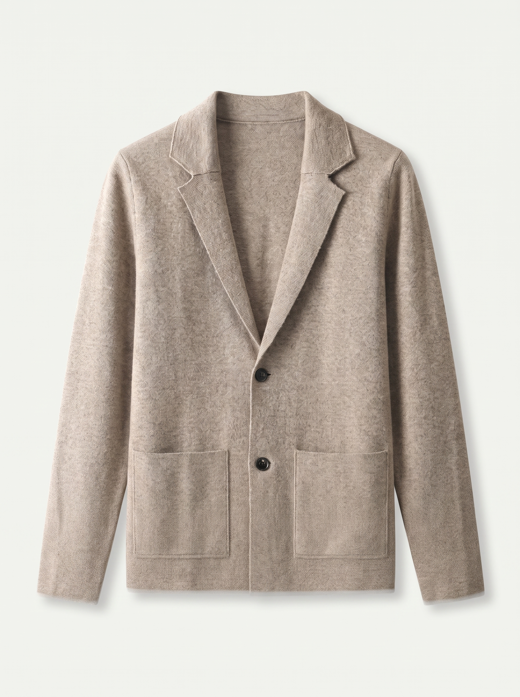 Beige wool blazer cardigan with notch lapels, flat lay product photo — Aurelien by Aveloire