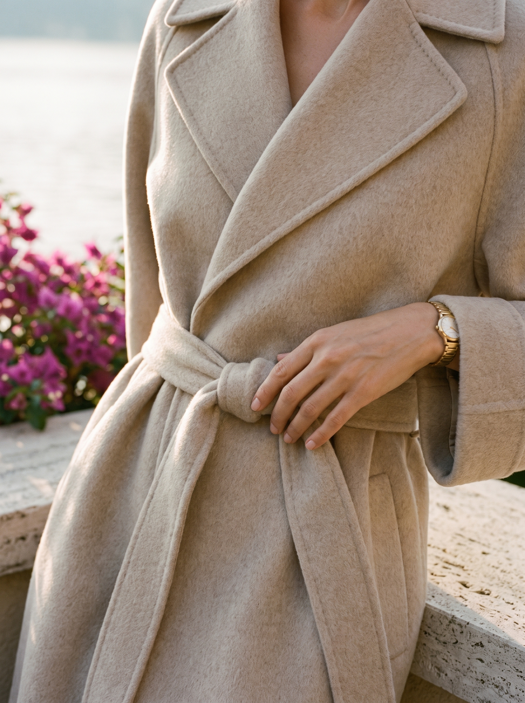 Beige wool wrap coat self-tie belt and lapel detail