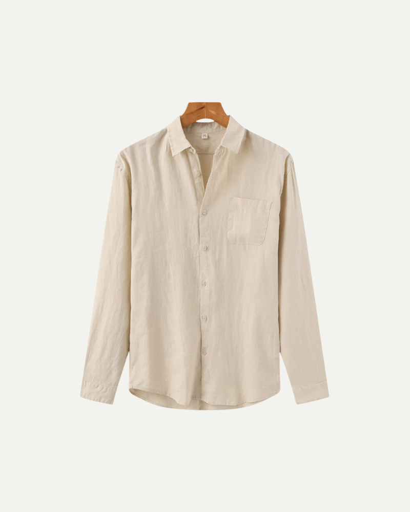 Beige linen button up shirt men long sleeve breathable lightweight summer shirt