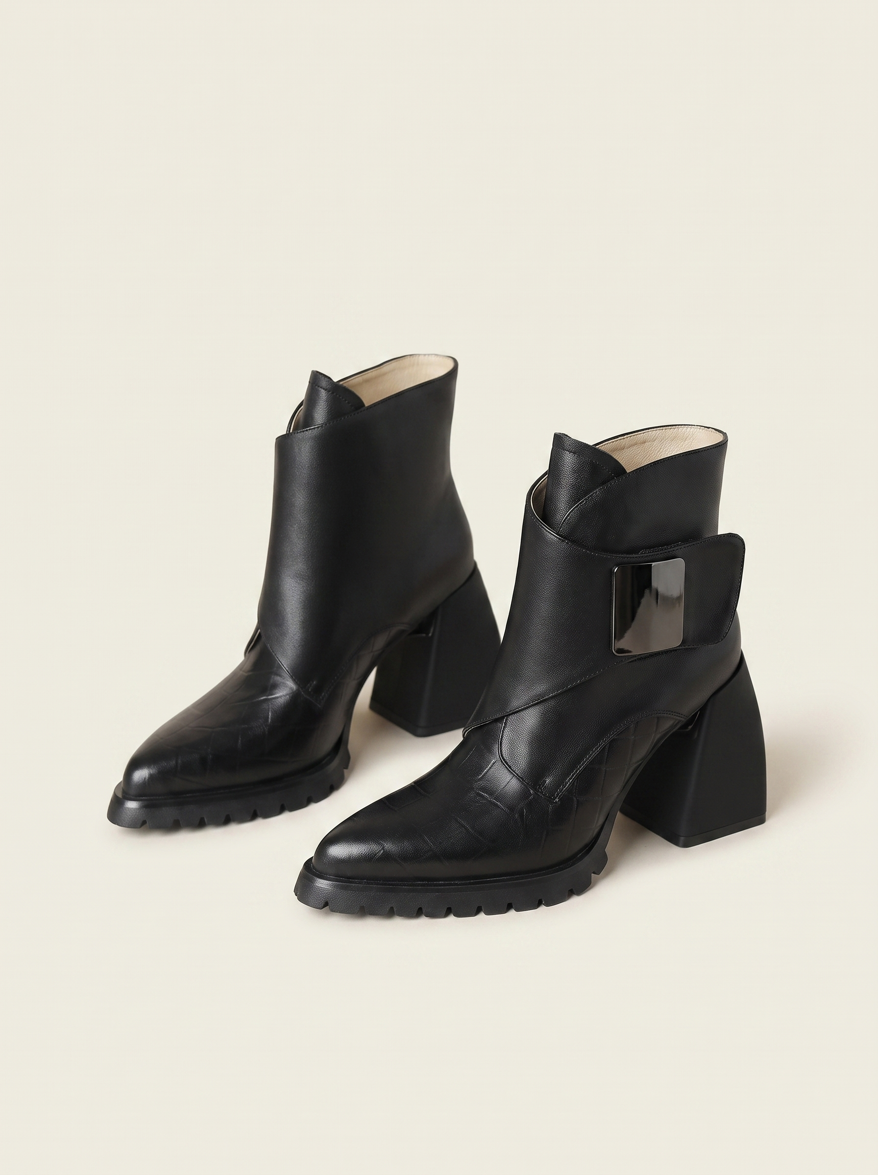 Black buckled block heel ankle boots product photo — Aziel by Aveloire