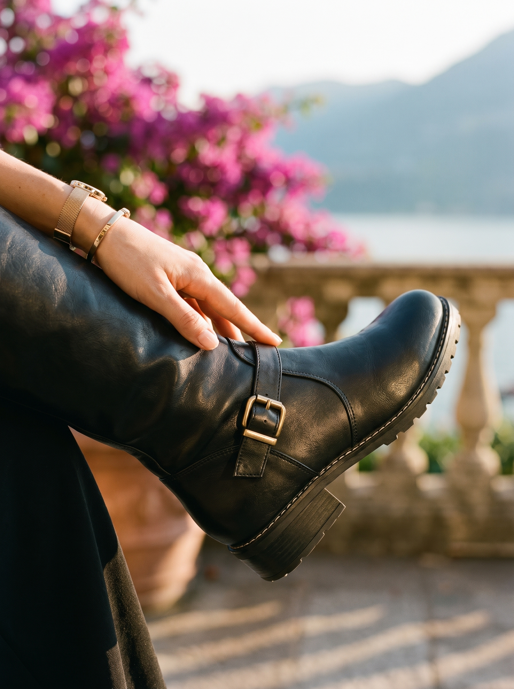 Detail of the buckled ankle strap on a black riding knee high boot — Aveloire