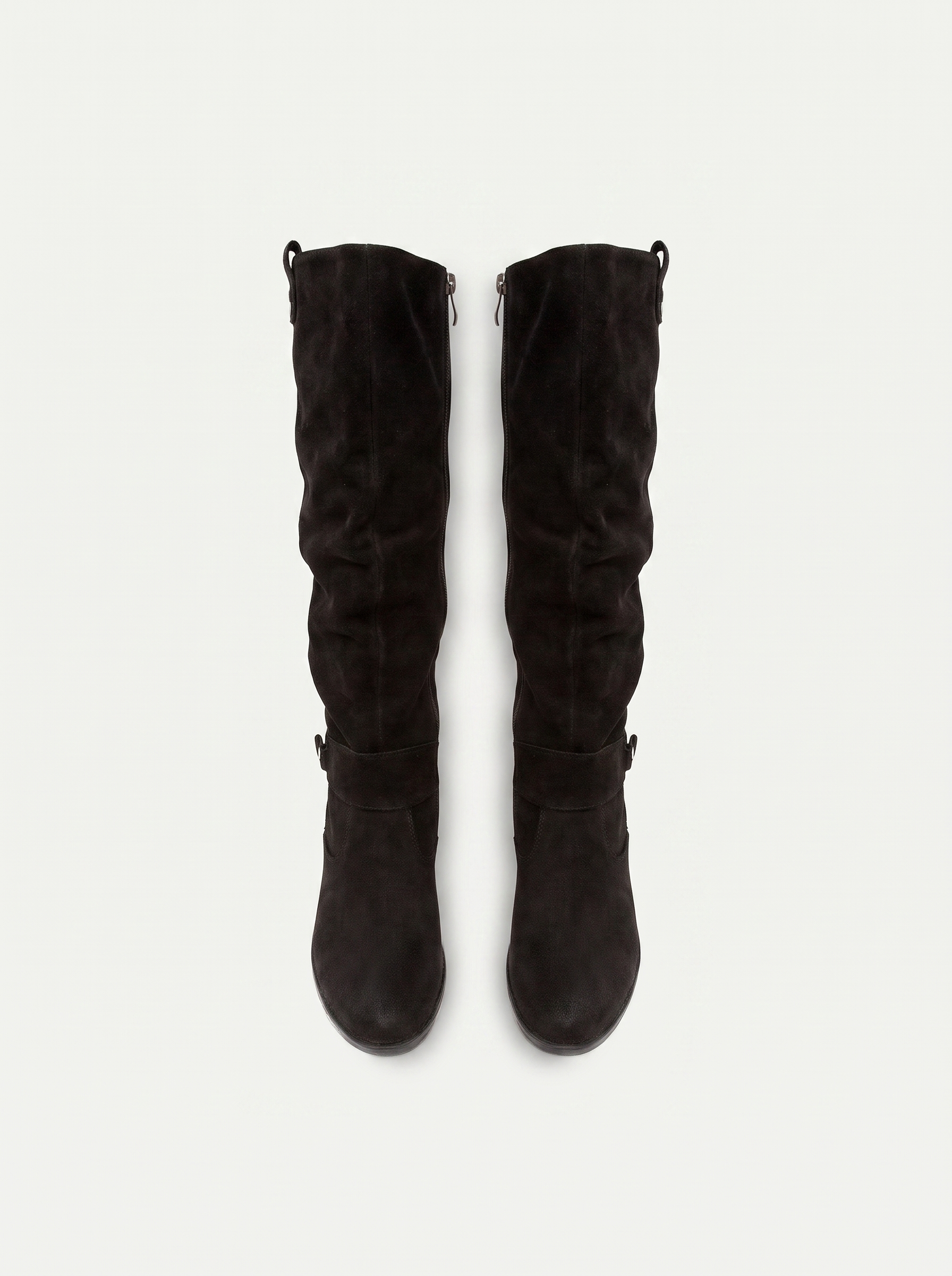 Black buckled slouch knee high boots flat lay product photo — Celine by Aveloire