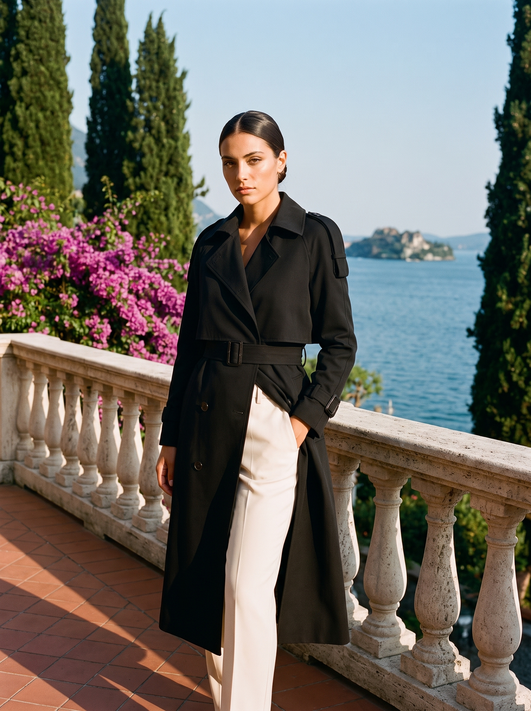 Black longline trench coat full body front view — Aveloire