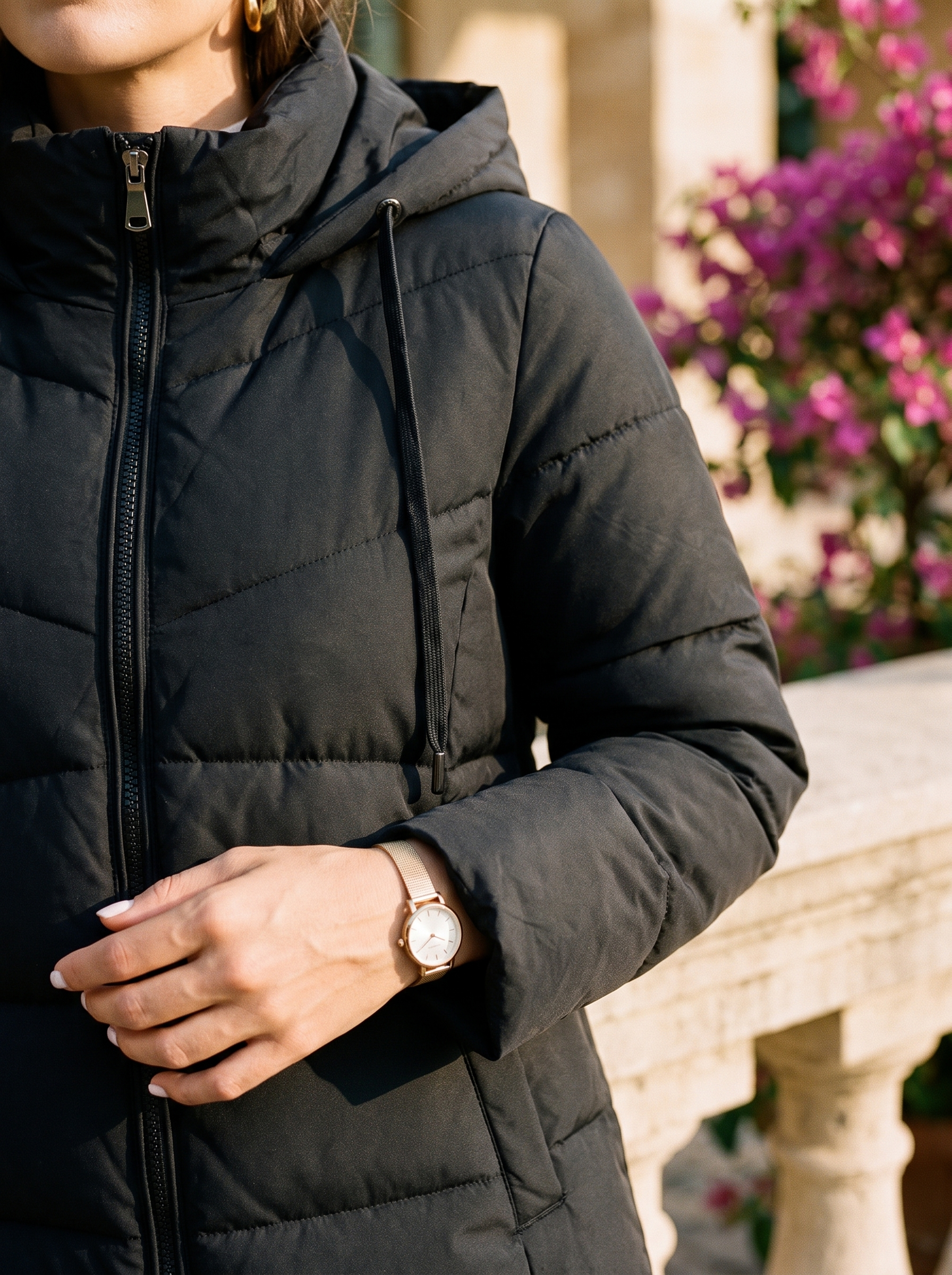 Black puffer coat quilted channels and zip detail