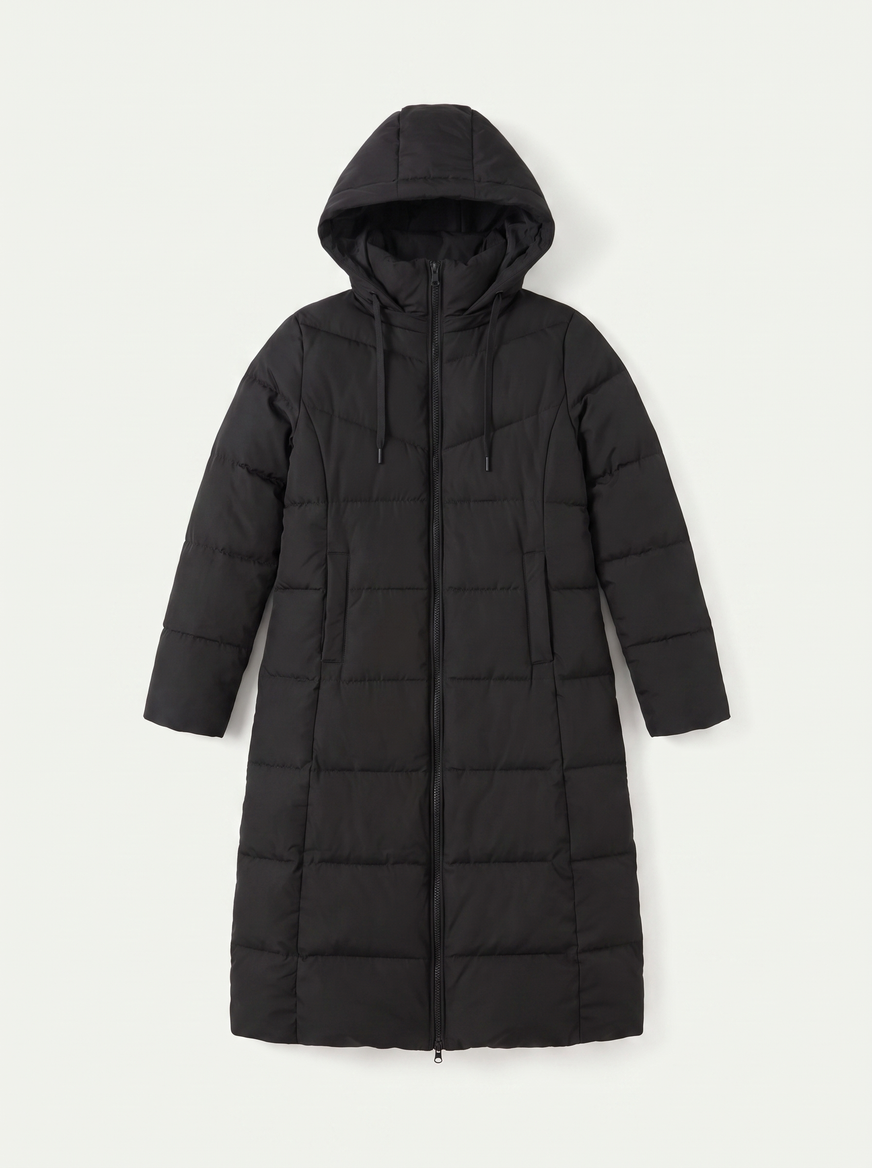 Black longline hooded puffer coat flat lay