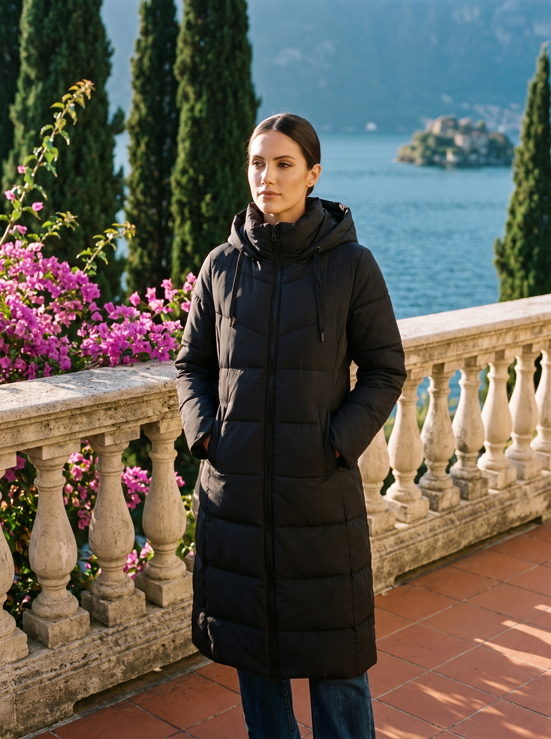 Black longline hooded puffer coat full length front view