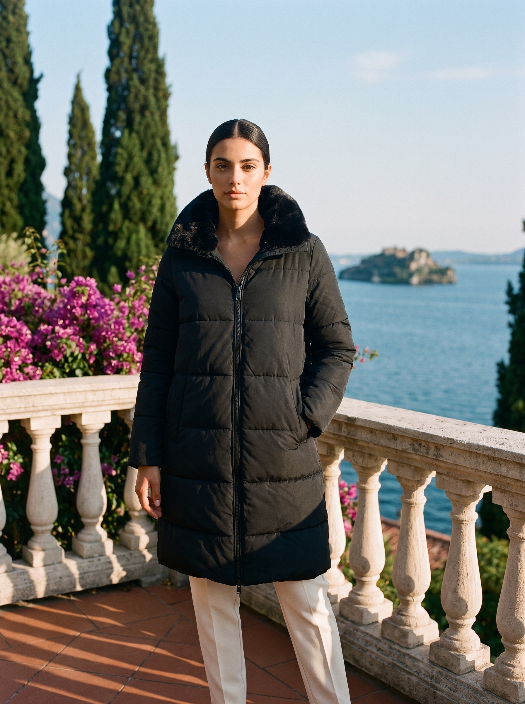 Black puffer coat full body front view — Aveloire
