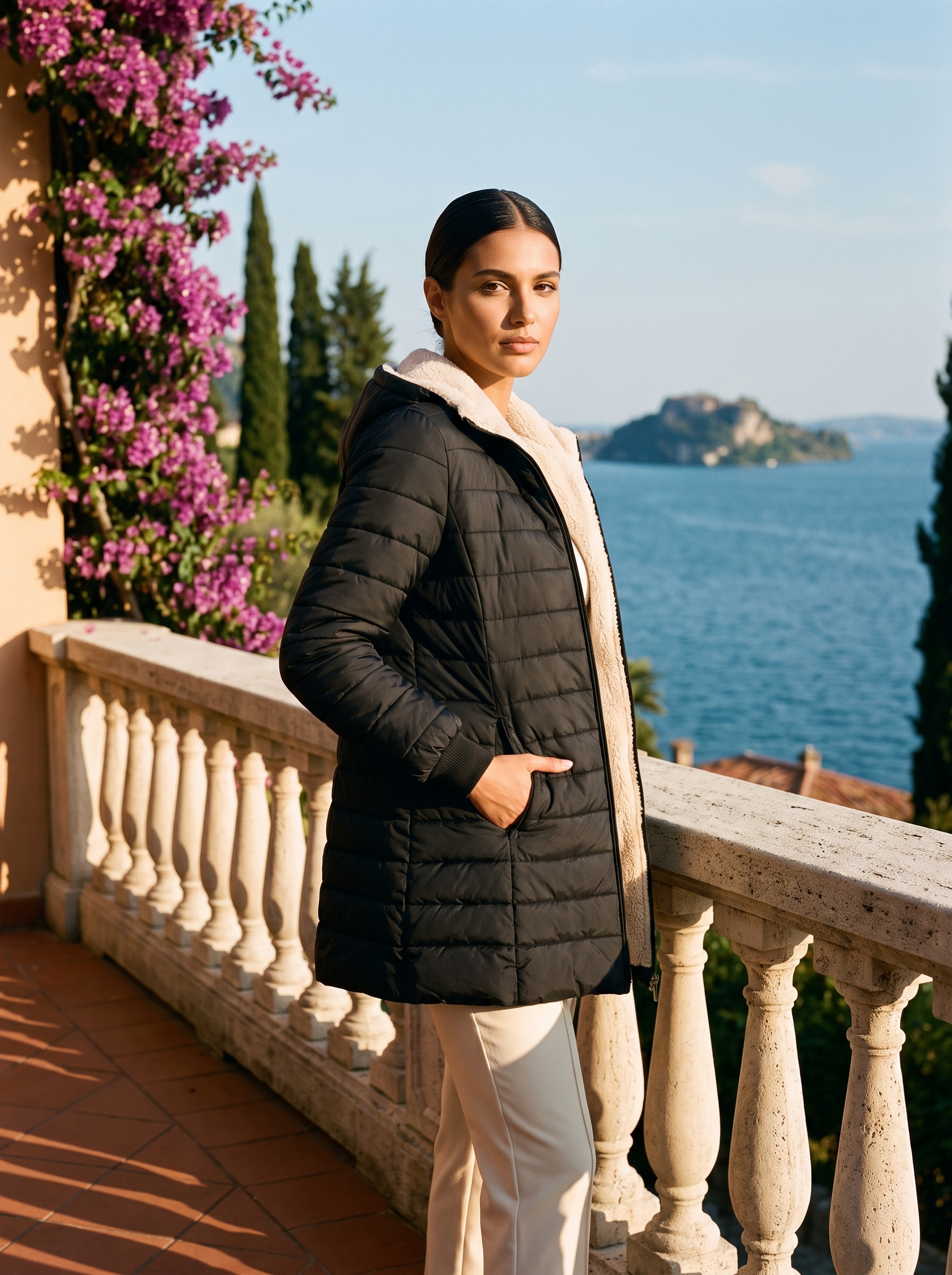 Black sherpa winter coat full body front view — Aveloire