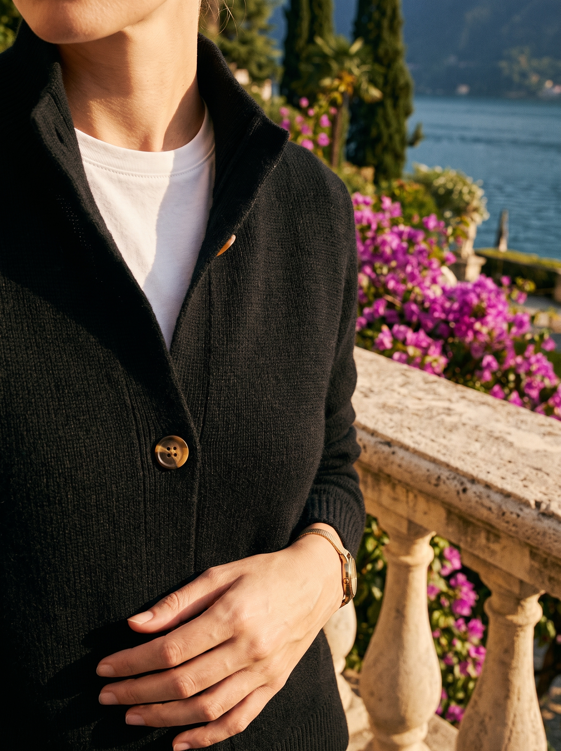 Black stand-collar cardigan collar and button detail, old money style — Aveloire
