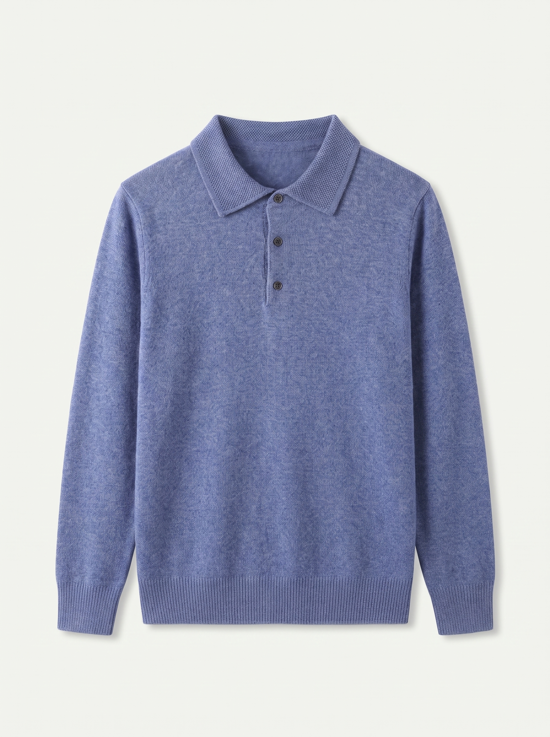 Blue wool knit polo sweater with button collar, flat lay product photo — Laurent by Aveloire
