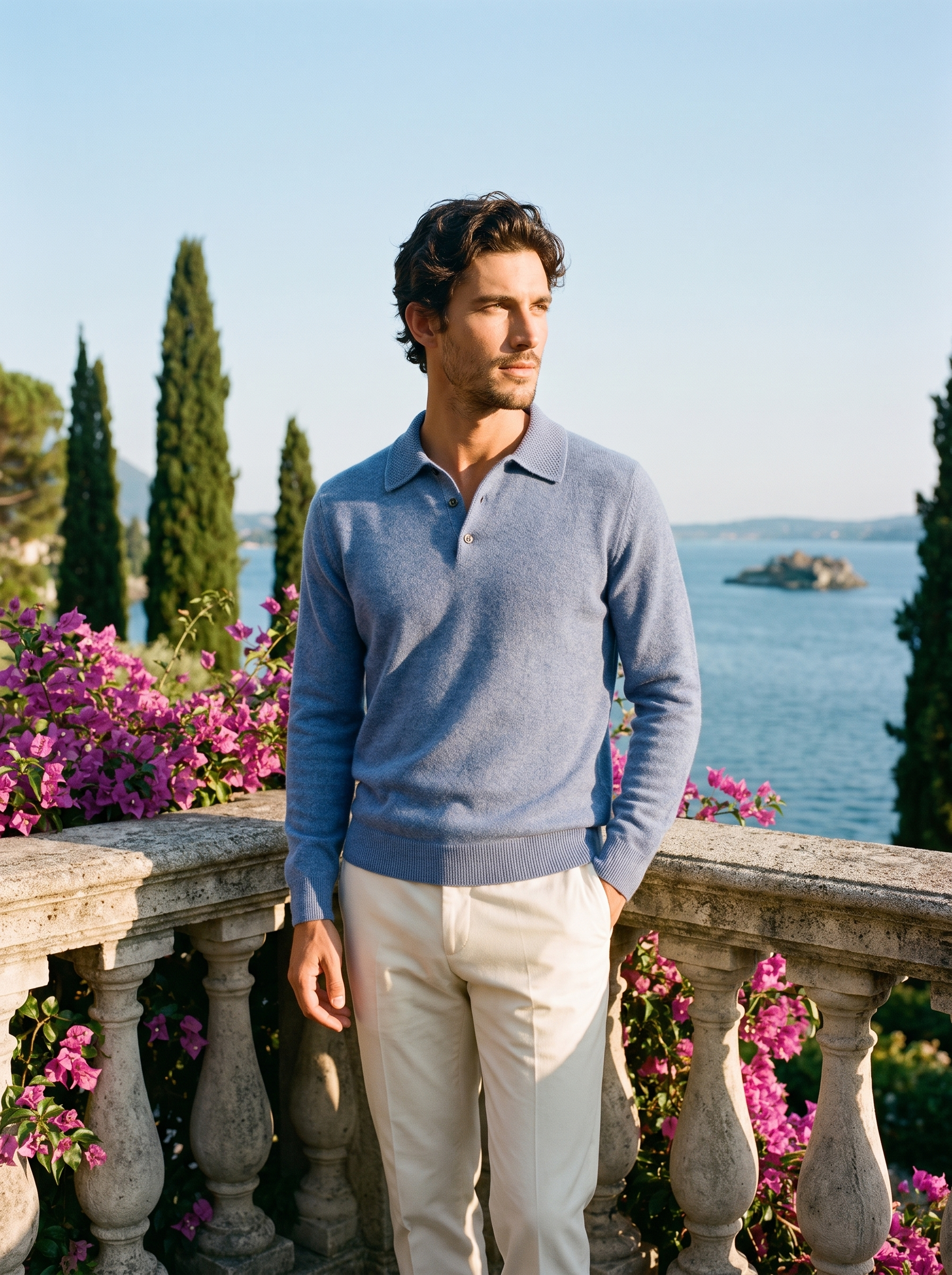 Full body view of a man in a blue wool knit polo sweater and cream trousers on a Lake Como terrace — Aveloire