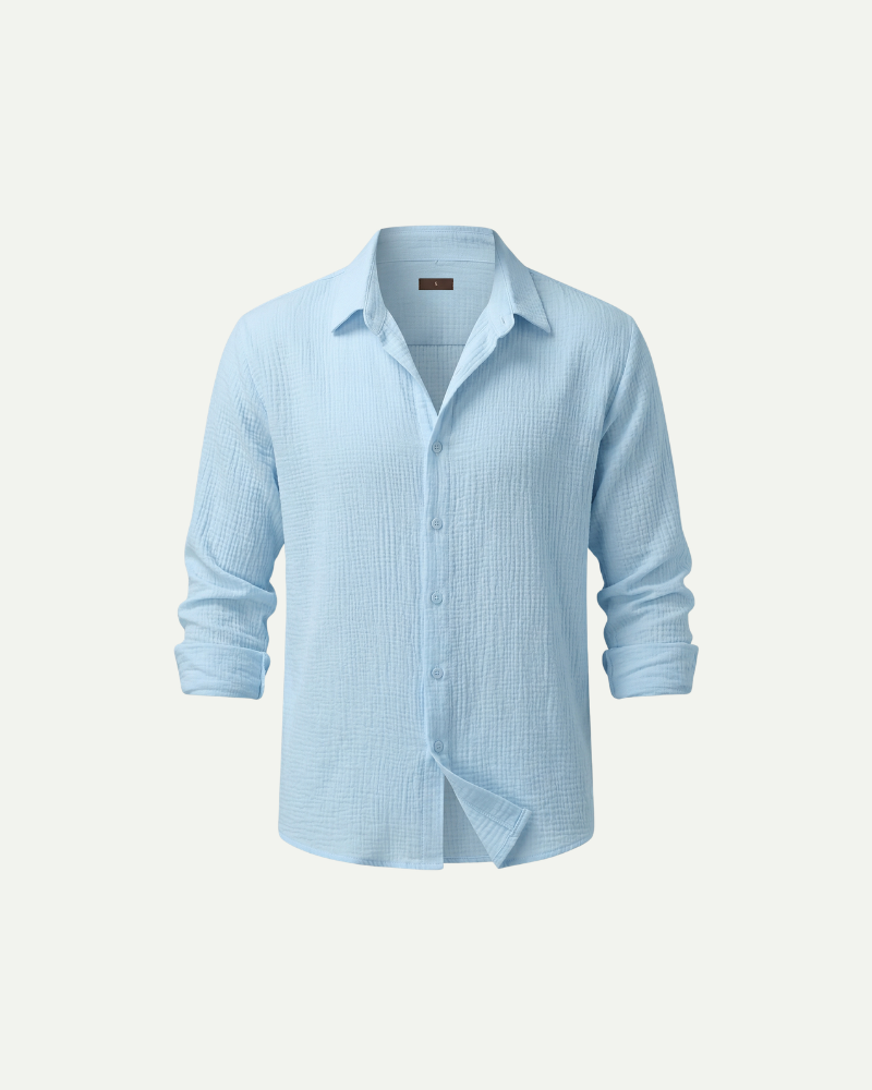 Men’s light blue waffle cotton button up shirt long sleeve relaxed fit front view