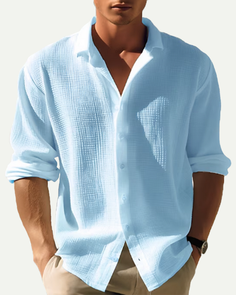 Men’s light blue waffle cotton button up shirt relaxed fit worn on model
