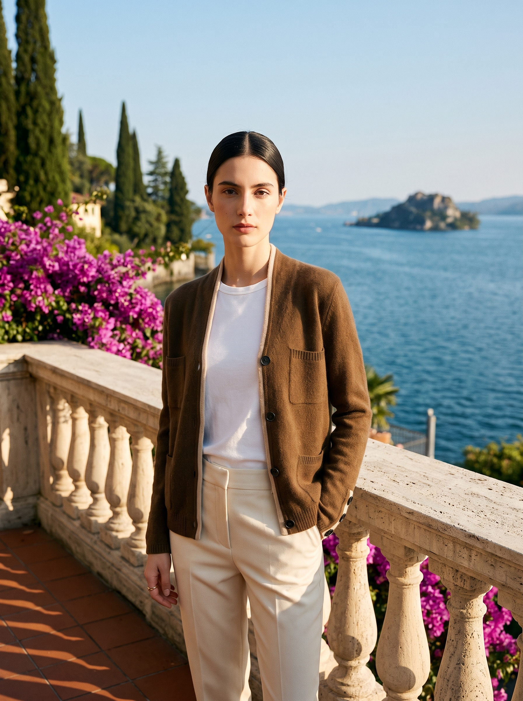 Brown cashmere cardigan, full body front view on a Lake Como terrace — Aveloire