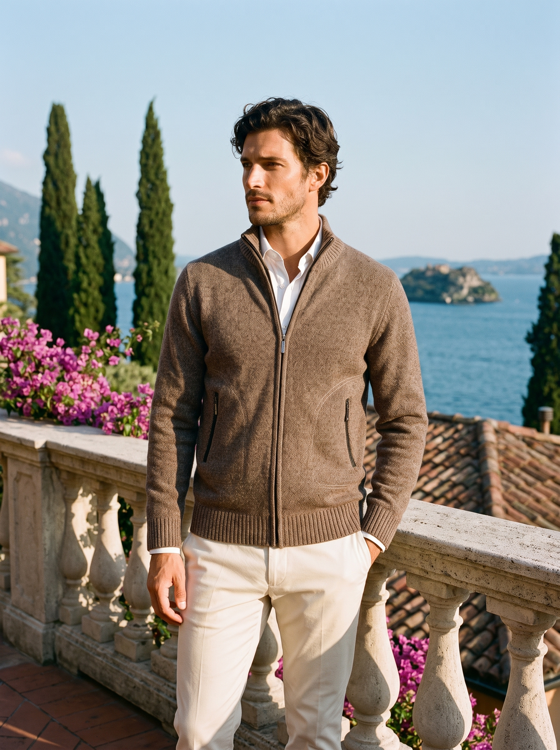 Full body view of a man in a brown melange zip-up cardigan and cream trousers on a Lake Como terrace — Aveloire