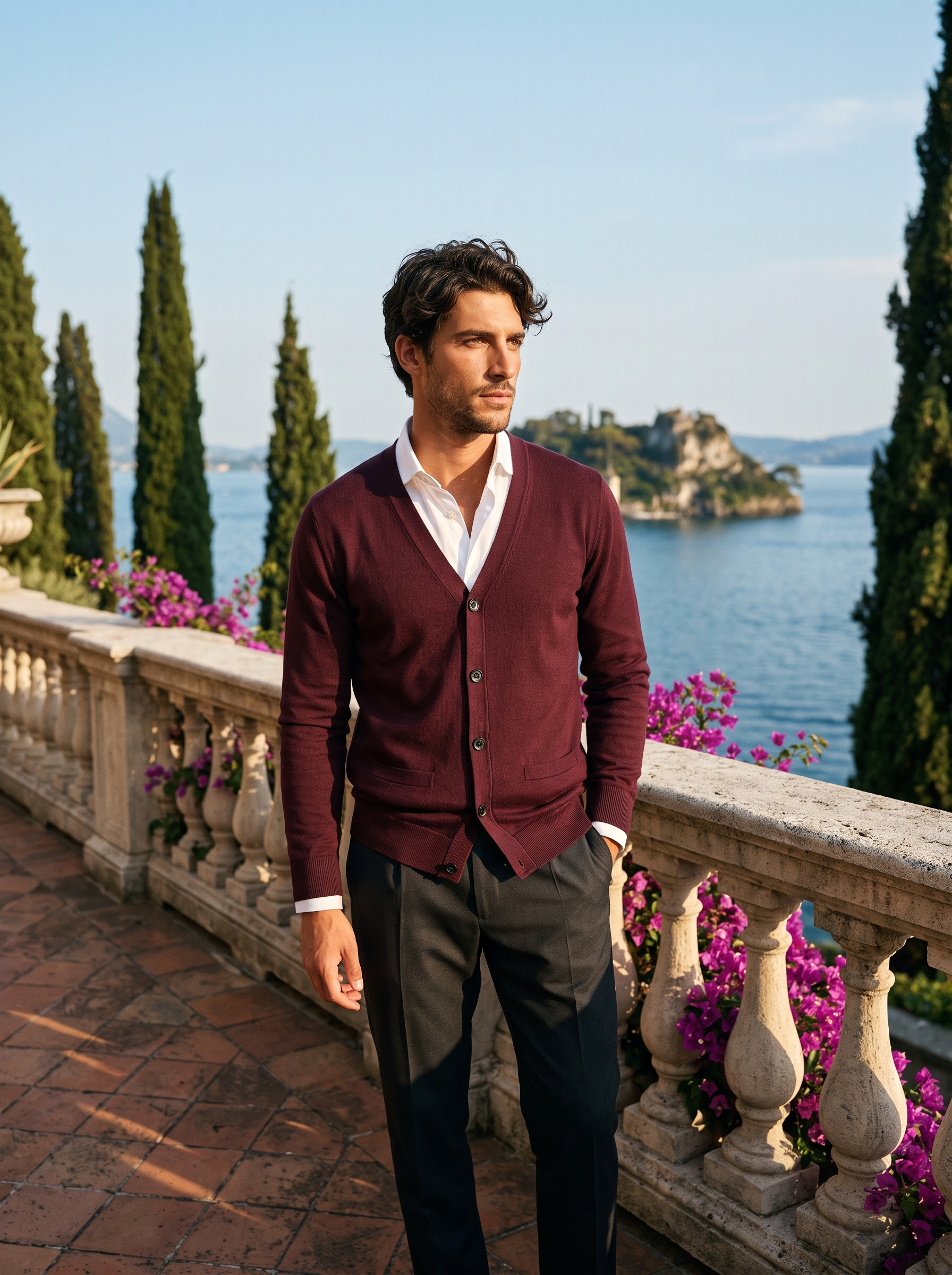 Full body view of a man in a burgundy V-neck button cardigan and charcoal trousers on a Lake Como terrace — Aveloire