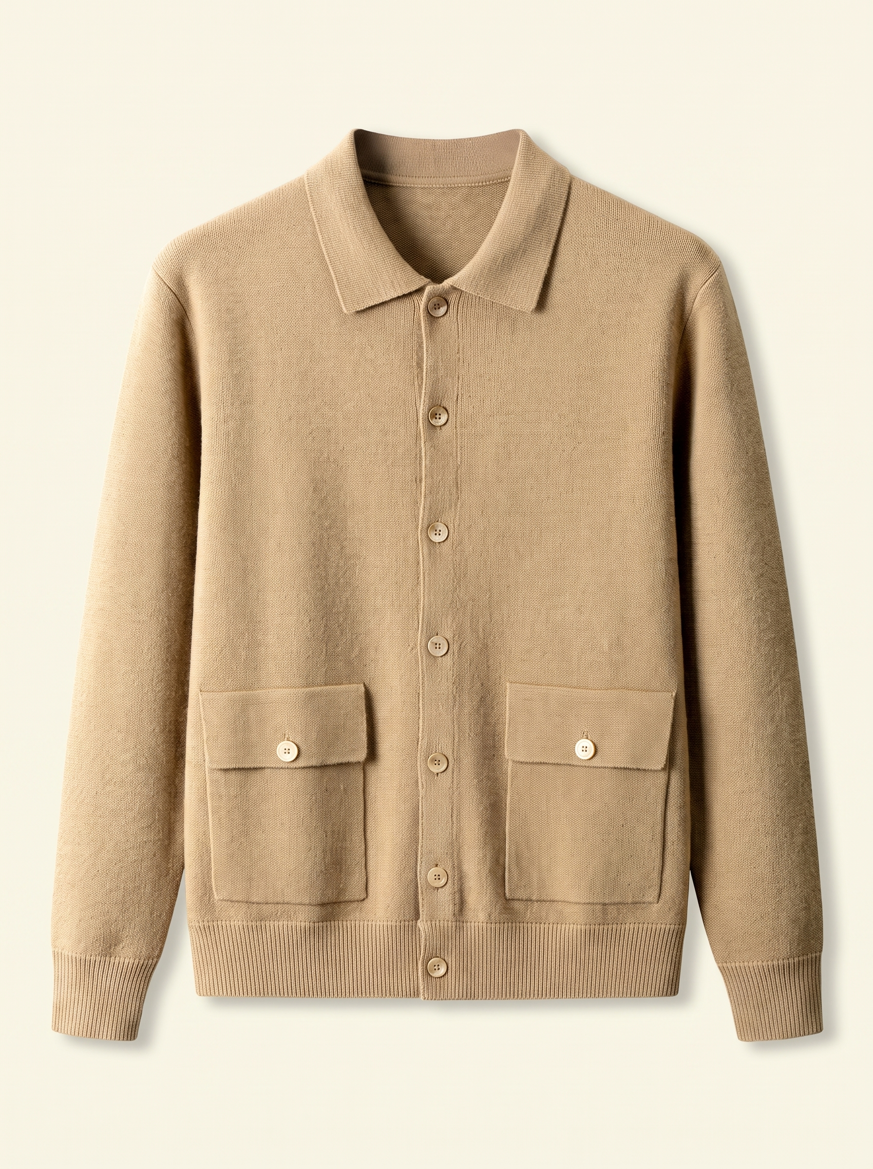 Camel 100% cashmere collared cardigan with button front, flat lay product photo — Aurelien by Aveloire