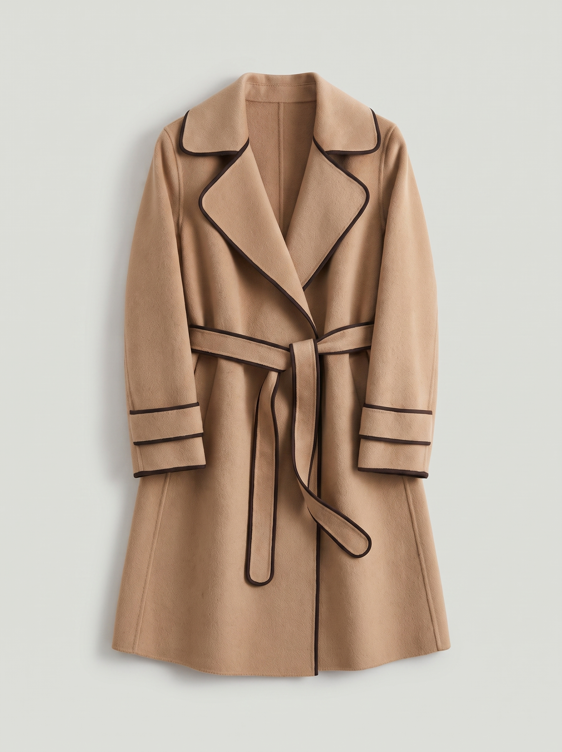 Camel contrast-trim wool wrap coat flat lay product photo — La Vante by Aveloire