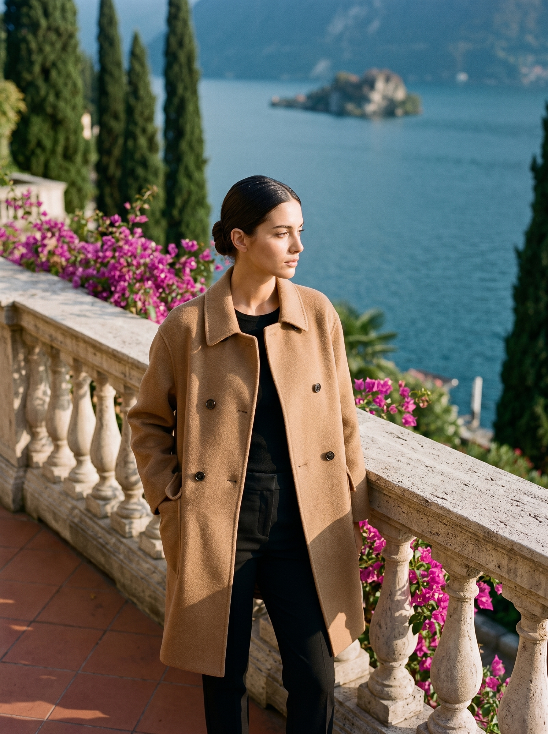 Full-length front view of a camel double-breasted wool coat on a Lake Como terrace — Aveloire