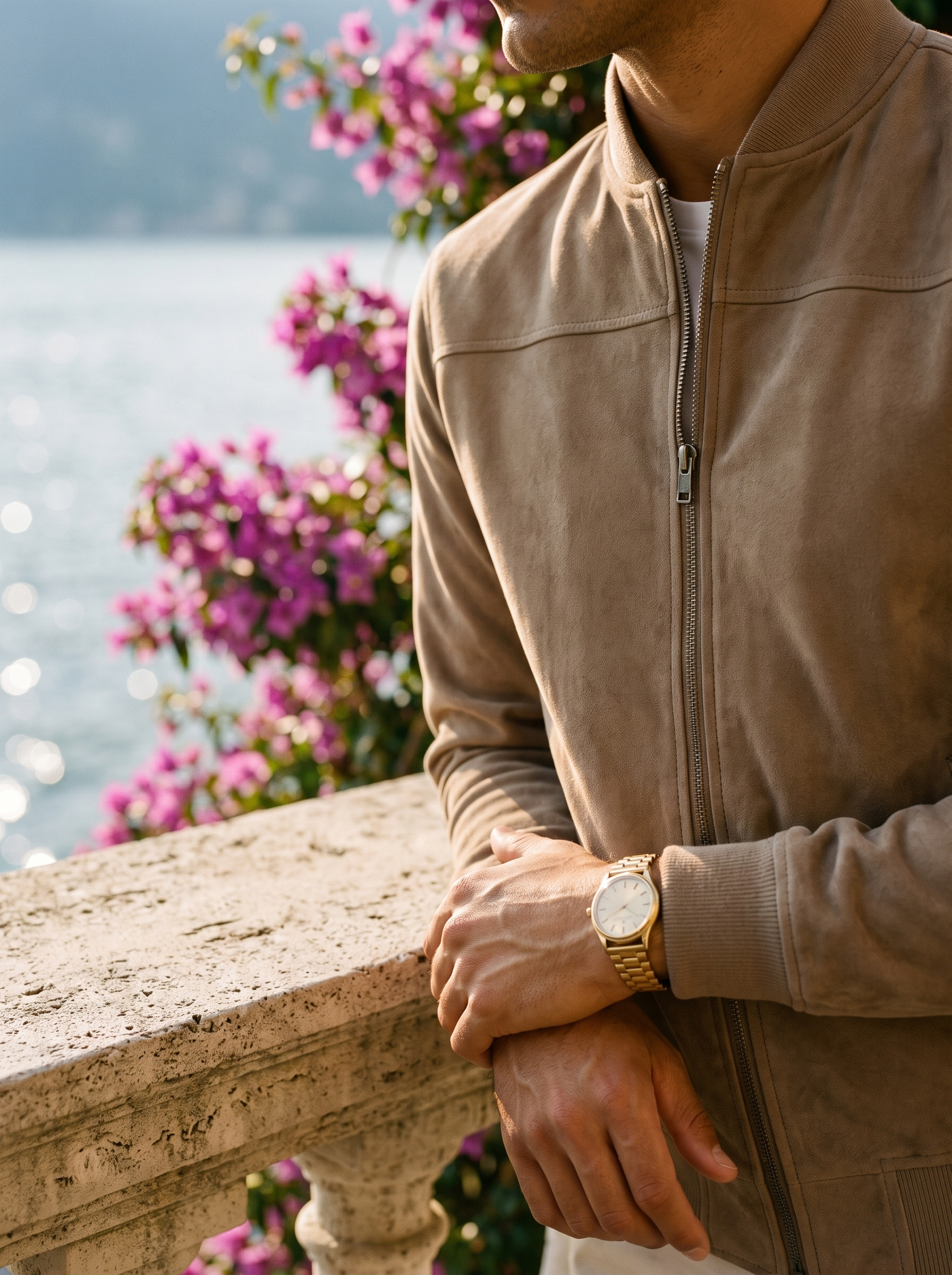 Camel suede bomber jacket collar and zip detail with gold watch, Lake Como, old money style — Aveloire