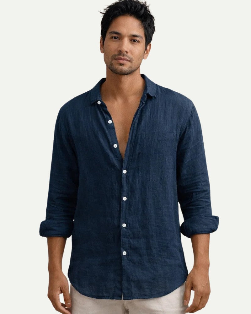 Men's Cotton Shirt in Navy – Relaxed Fit, Long Sleeve | Aveloire