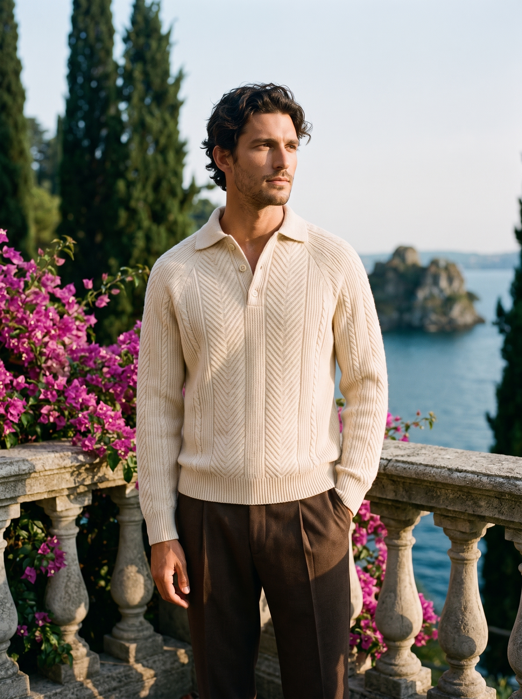 Full body view of a man in a cream herringbone knit polo sweater and brown trousers on a Lake Como terrace — Aveloire