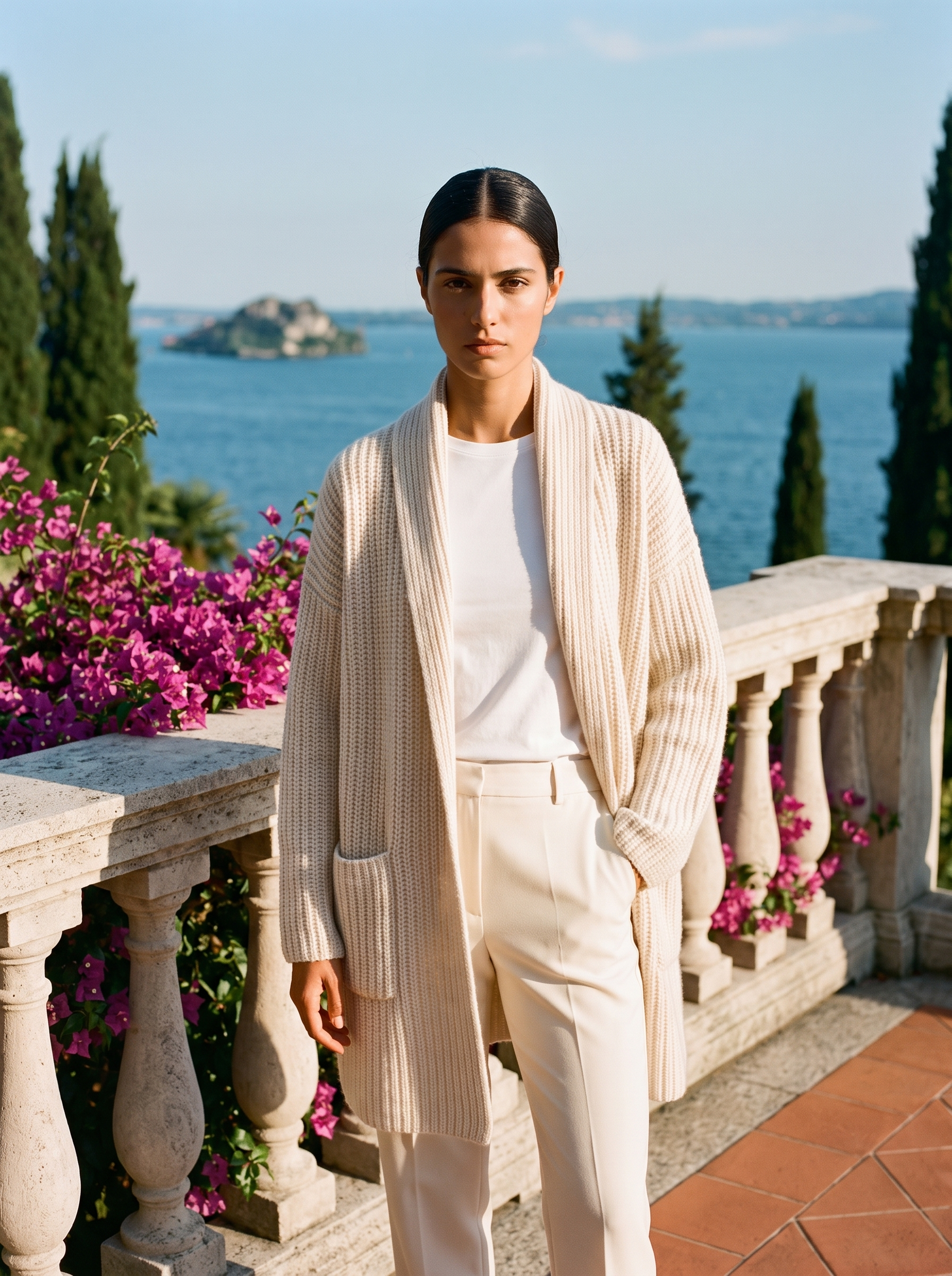 Cream open-front knit cardigan, full body front view on a Lake Como terrace — Aveloire