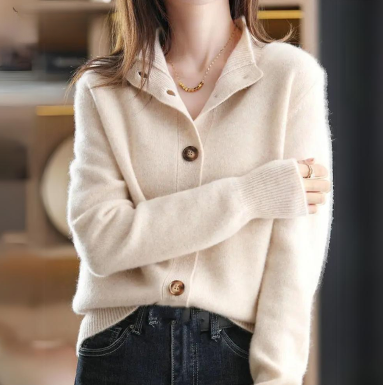 Women's stand collar knit cardigan — studio view 4, Aveloire
