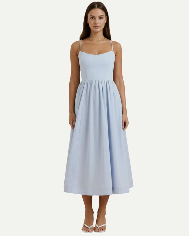 Women's Floral A-Line Midi Dress in Blue – Strap Bodice, A-Line | Aveloire