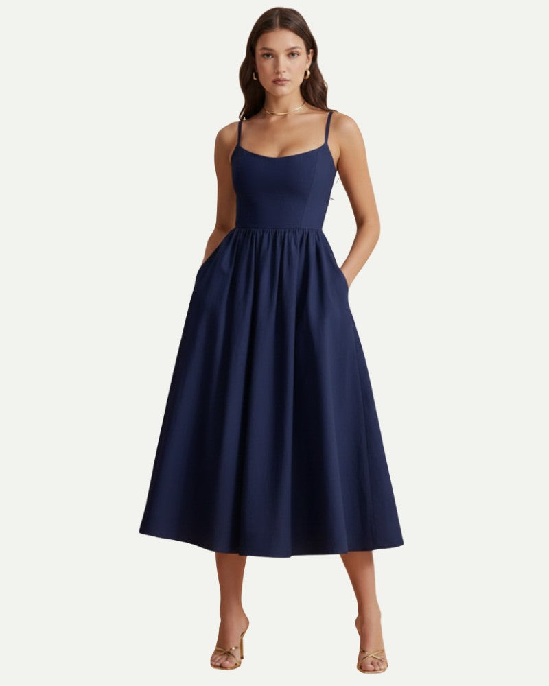 Women's Floral A-Line Midi Dress in Navy – Strap Bodice, A-Line | Aveloire