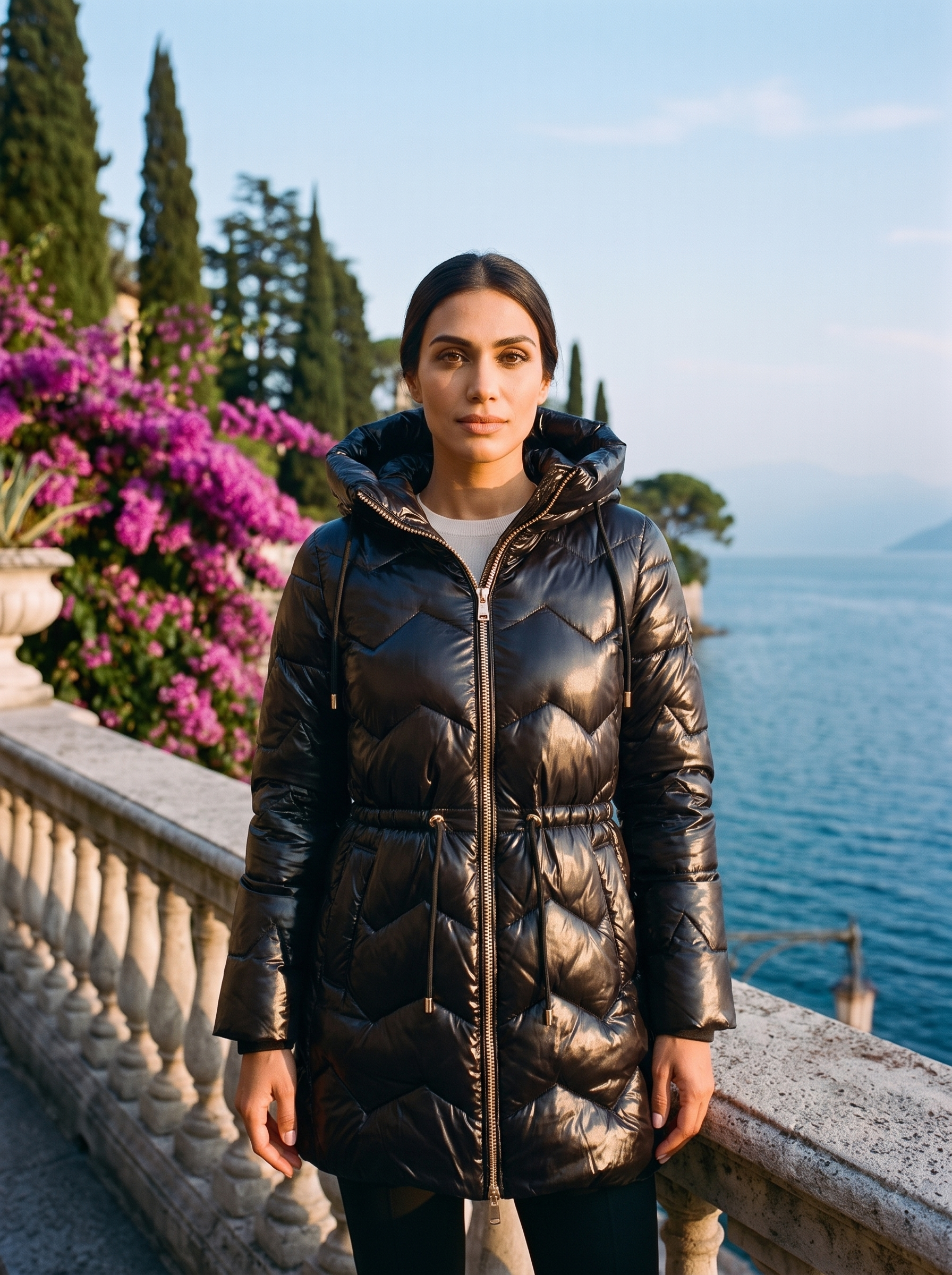 Glossy black quilted puffer coat, full body front view — Aveloire