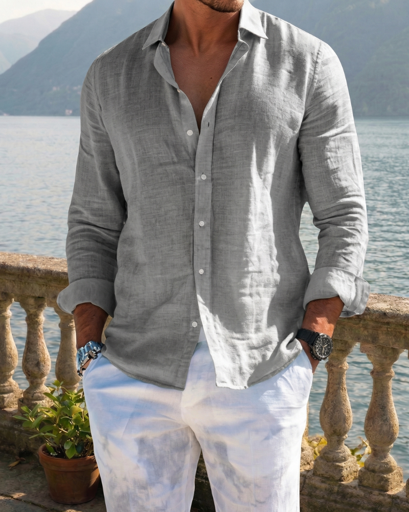 Gray men relaxed fit button up shirt long sleeve breathable cotton blend casual outfit