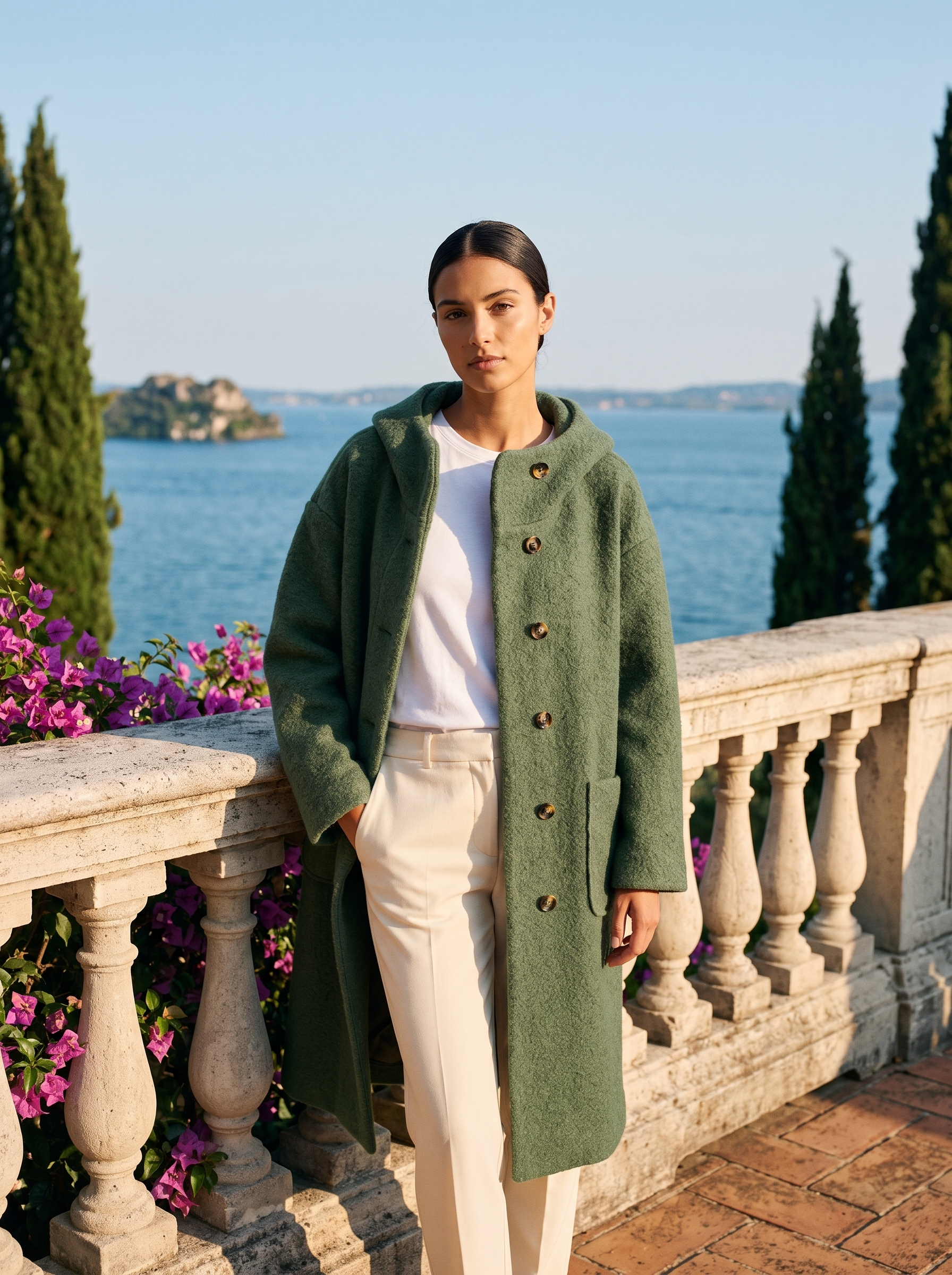 Woman in a green hooded wool coat, full-length front view on a Lake Como terrace — Aveloire