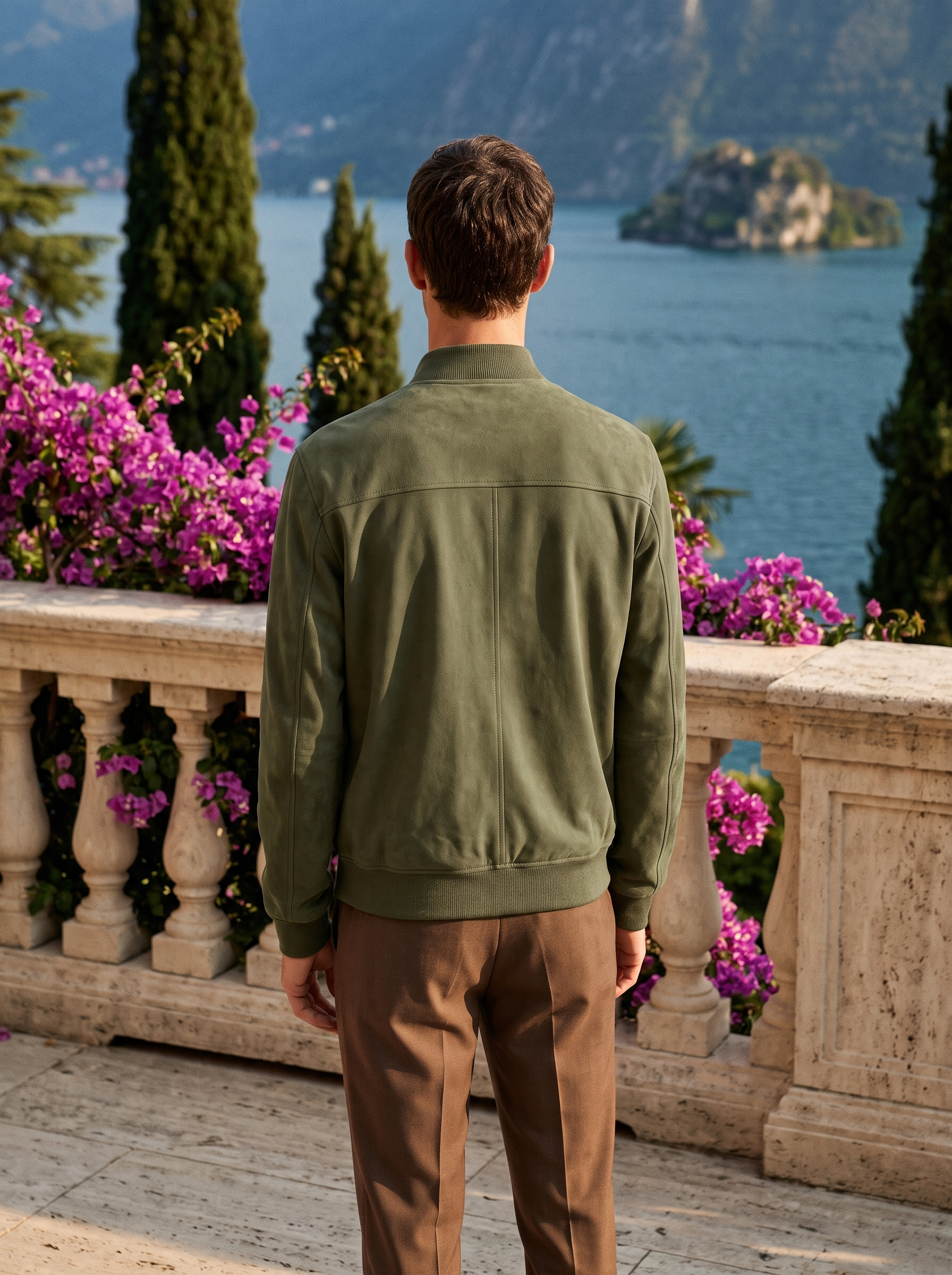 Man wearing a green suede zip jacket, full-length back view on a Lake Como terrace, old money style — Aveloire