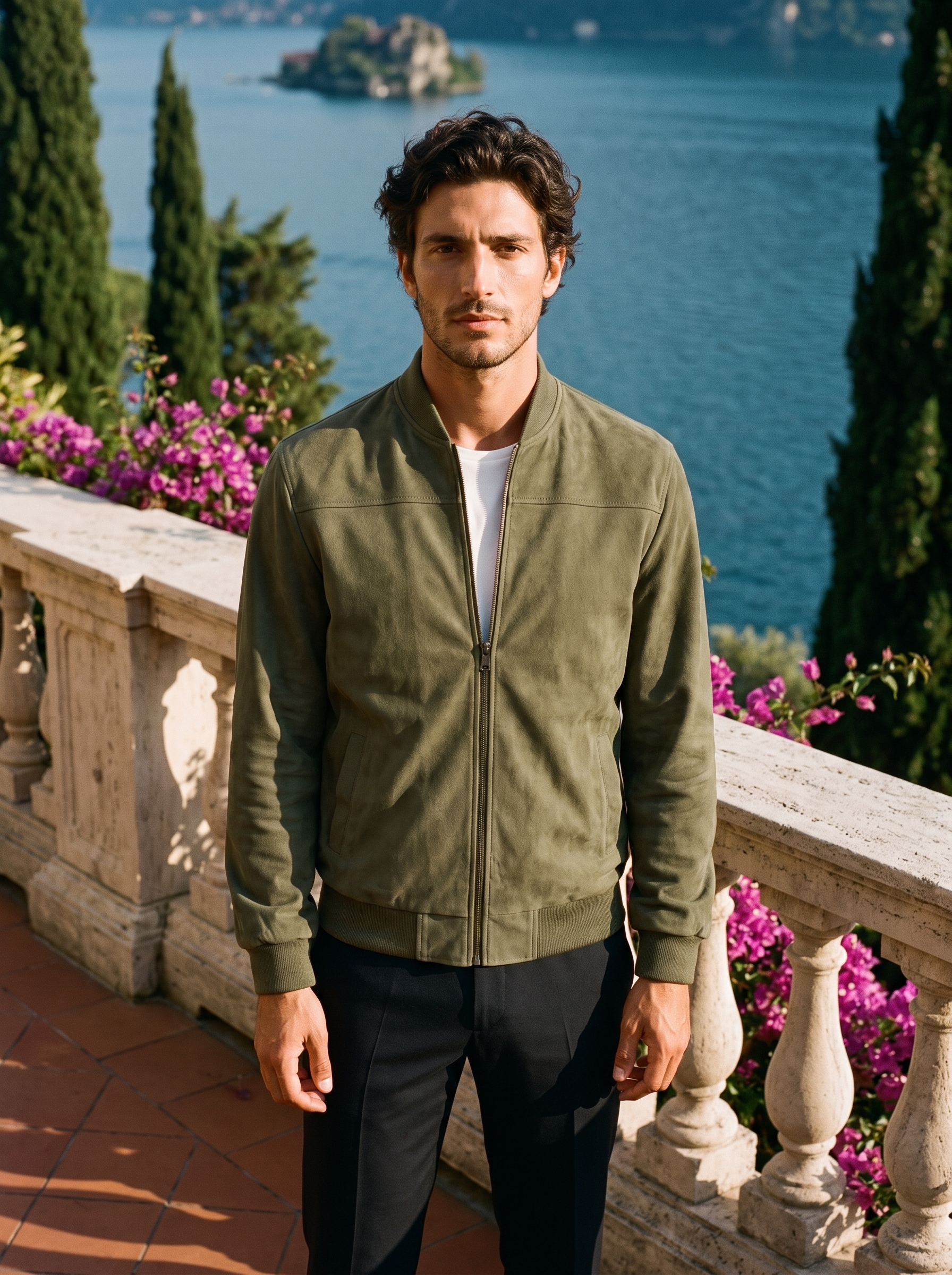 Man wearing a green suede zip jacket, full-length front view on a Lake Como terrace, old money style — Aveloire