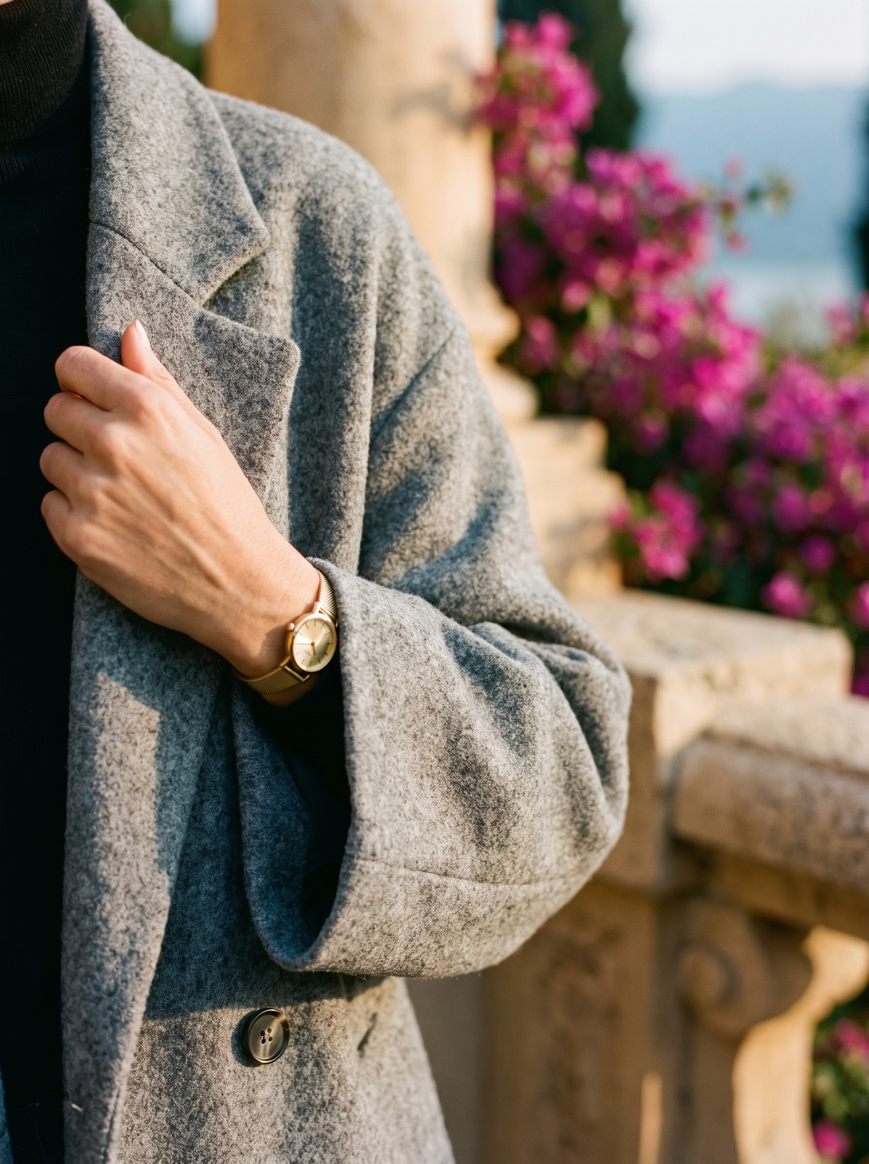 Heather grey wool coat lapel and wool texture detail