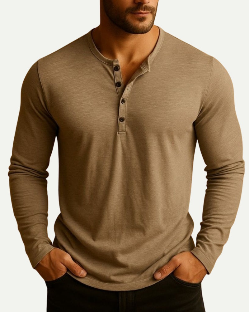 Men's Long Sleeve Henley Shirt in Army Green – Button Placket, Relaxed Fit | Aveloire