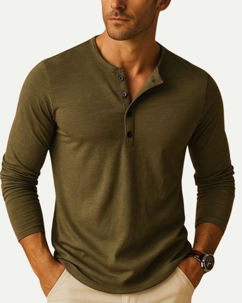 Men's Long Sleeve Henley Shirt in Black – Button Placket, Relaxed Fit | Aveloire