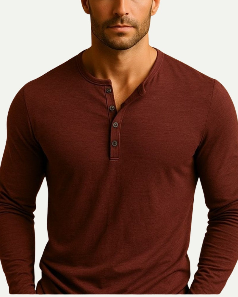 Men's Long Sleeve Henley Shirt in Khaki – Button Placket, Relaxed Fit | Aveloire