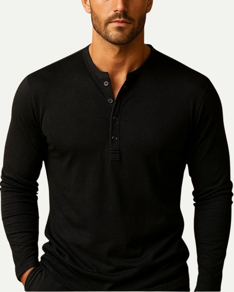 Men's Long Sleeve Henley Shirt in White – Button Placket, Relaxed Fit | Aveloire