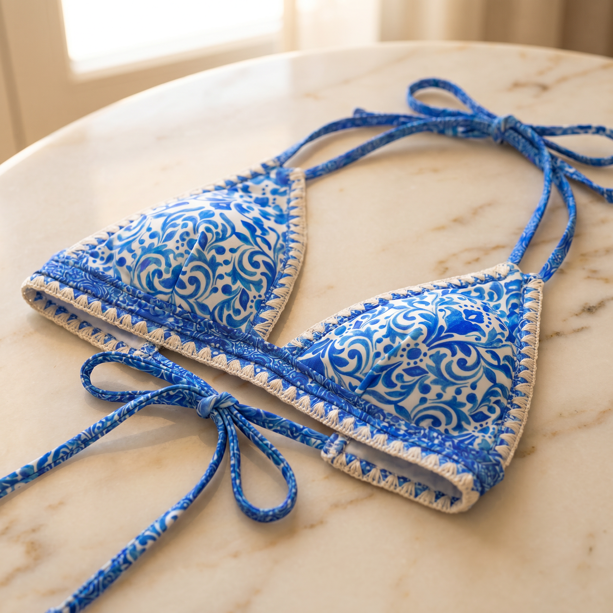 Blue and white Sicilian tile print triangle bikini top with whipstitch trim - detail