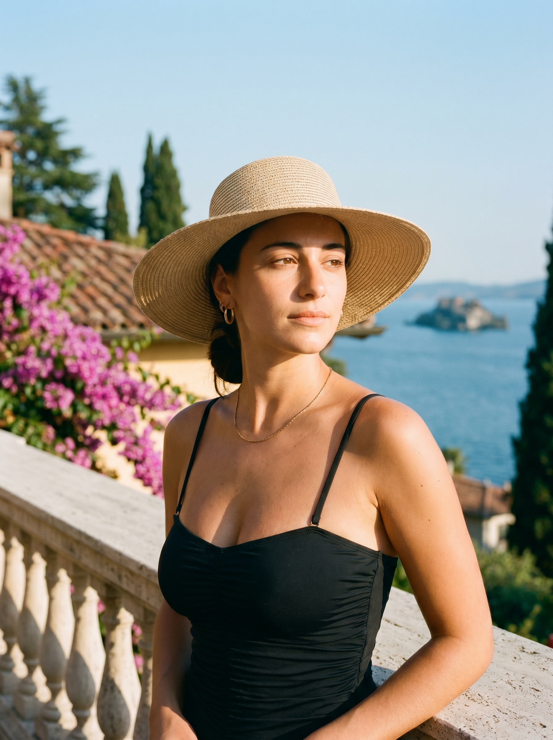 Aveloire Aurélie sleeveless tankini set in black — Lake Como editorial hero close-up