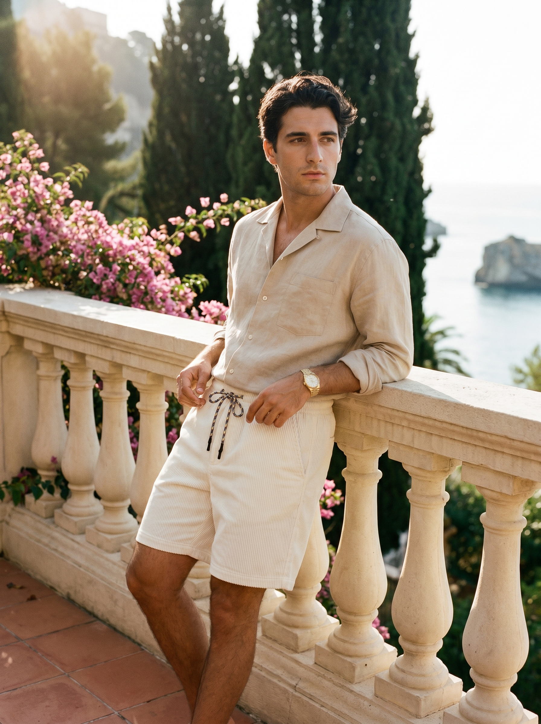 Vitto by Aveloire — Men's cream white corduroy shorts, hero portrait on Italian Riviera terrace