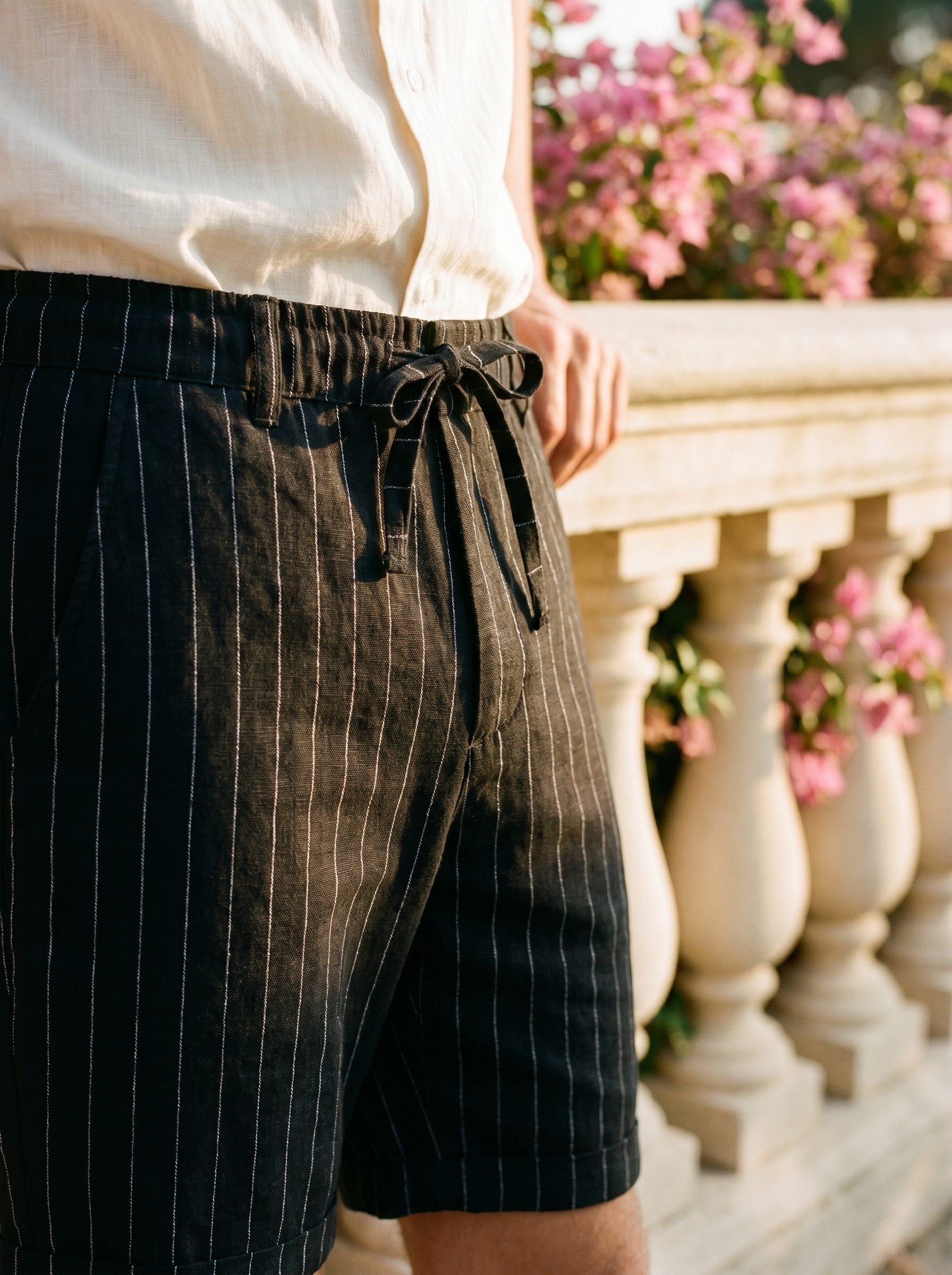 Amber by Aveloire — Pinstripe linen fabric and elastic drawstring waistband detail in black