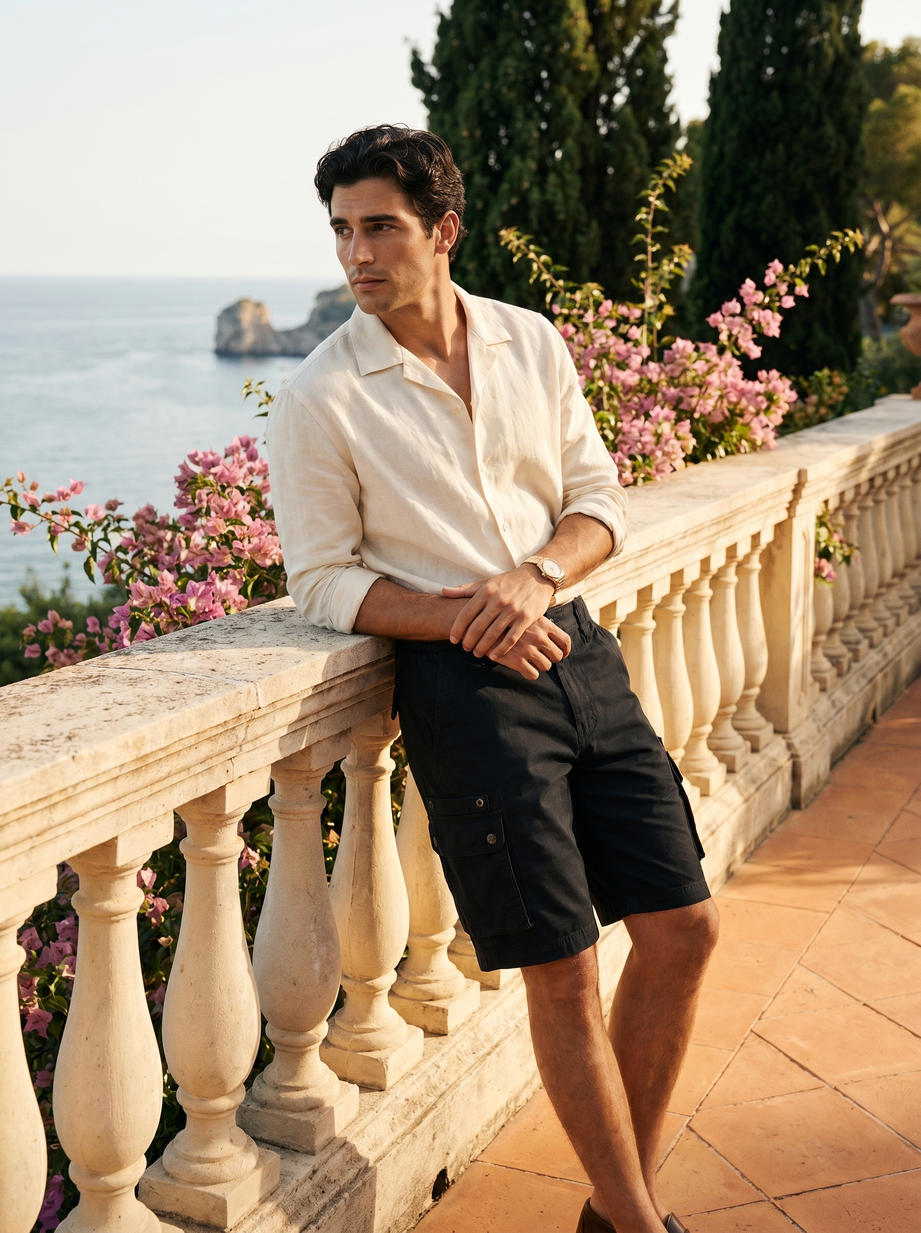 Zack by Aveloire — Men's black cotton twill cargo shorts, hero portrait on Italian Riviera terrace